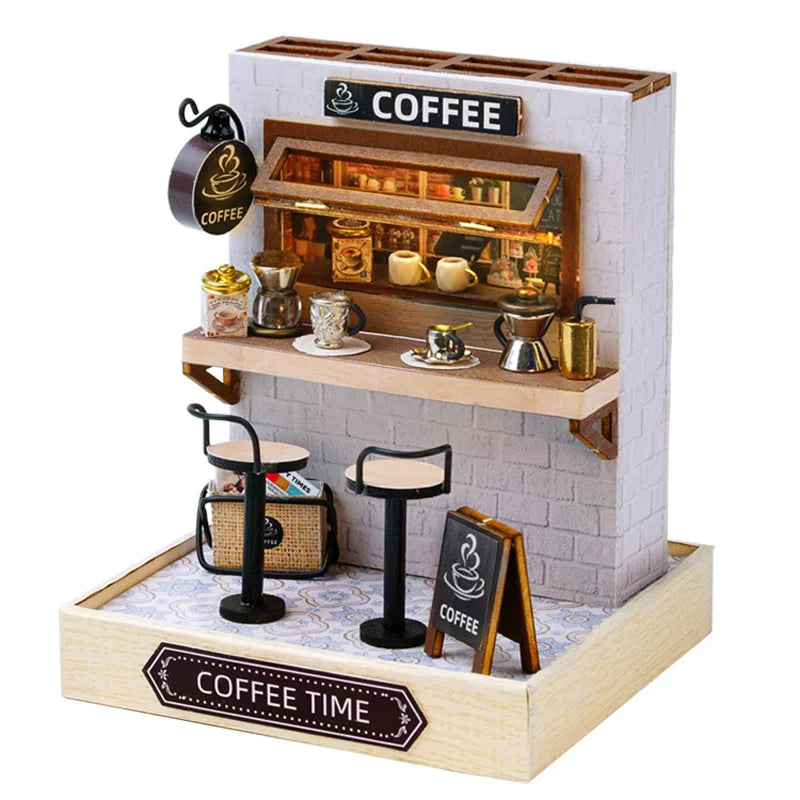 DIY 3D Puzzles Wooden Toy Miniature Dollhouse Handmade Coffee House Toys For Children Gifts